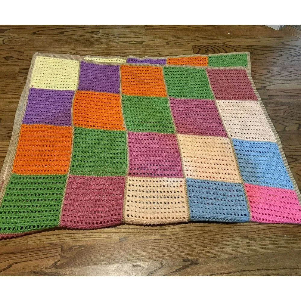 Handcrafted Crochet Afghan Color Block‎ Pattern Lap Throw Blanket 43